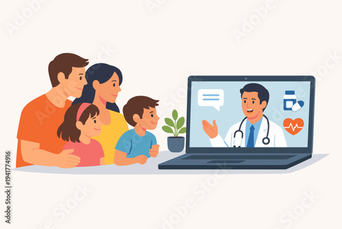 Happy Family Consulting with a Male Doctor via Video Call on Laptop. Vector Illustration of Telemedicine, Virtual Healthcare, Digital Medical Appointment, and Remote Physician Chat for Parents.