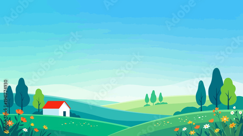 Peaceful Spring Landscape Illustration with Rolling Green Hills, Rural House, and Wildflowers under a Clear Blue Sky