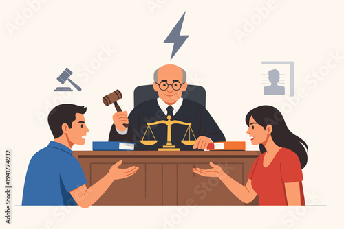 Flat vector illustration of a judge in a courtroom settling a legal dispute between a man and a woman. Features a gavel, scales of justice, and law books. Ideal for law, justice, or divorce themes.