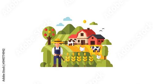 Agriculture and Farming Concept. Flat Design Illustration of Farmer, Barn, Livestock (Cows, Chickens), and Wheat Crops on a Rural Landscape.