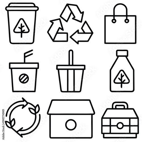 Eco-friendly recycling and environmental protection concept presented in minimalist line art style. Featuring icons of a take-away cup, recycle symbol, paper bag, paper cup, container, water bottle.