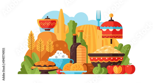 Abundant Harvest Festival Feast Illustration: Flat Design of Traditional Food, Grains, Wine, and Autumn Bounty
