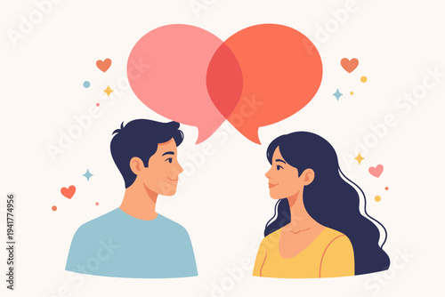 Romantic Vector Illustration of a Young Man and Woman Facing Each Other with Overlapping Heart-Shaped Speech Bubbles, Symbolizing Love, Communication, Dating, and Deep Emotional Connection