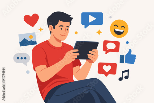 Vector illustration of a young man using a tablet to engage with social media content, featuring floating icons for likes, comments, video, music, and photos in a clean flat design style.