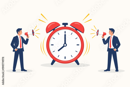 Businessmen with Megaphones Standing by a Large Ringing Red Alarm Clock, Concept of Time Management, Urgency, Deadlines, Productivity, and Morning Wake Up Call in a Flat Vector Illustration.