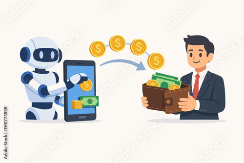 Robot transferring gold coins from smartphone screen to businessman wallet, artificial intelligence in finance and banking, automated digital payment technology, fintech concept, flat vector