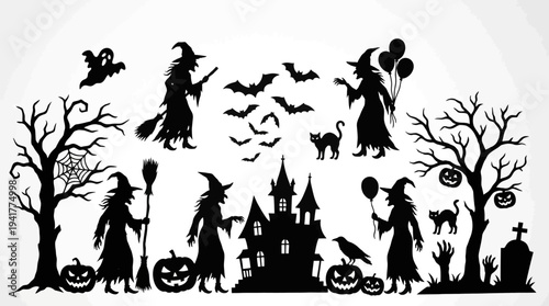 Halloween Silhouette Collection with Witches, Haunted House, Spooky Trees, Bats, and Jack-o'-lanterns on White Background for Party Decoration and Graphic Design