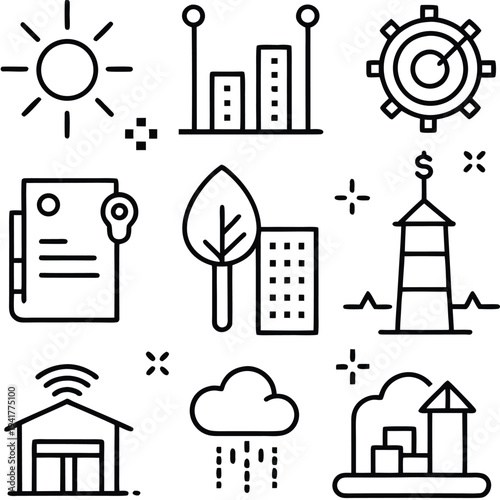 A collection of digital icons encompassing diverse aspects of technology, environment, and data, each meticulously crafted in a clean, minimalist style.