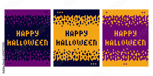 Happy Halloween Pixel Lettering. Halloween greetings minimal flat design with various trendy palette. Vector illustration Halloween Thematic cards, Media post, leaflets, invite, price, label or banner