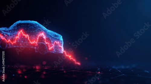 A digital automotive graph depicting a decline, rendered in glowing lines against a dark background. ..Created with Generative AI, not depicting real subjects.