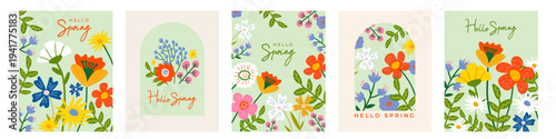 Set of floral spring cards. Modern poster, cover or flyer with hand drawn blossom flowers and floral frame for holiday design. Vector template for Women's Day, Easter and Mother's Day.