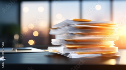 Stacked Folders in Modern Office Environment at Sunset