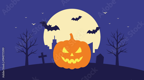 Spooky Halloween night background featuring a glowing jack-o'-lantern, full moon, flying bats, and a graveyard silhouette with a city skyline in the distance.