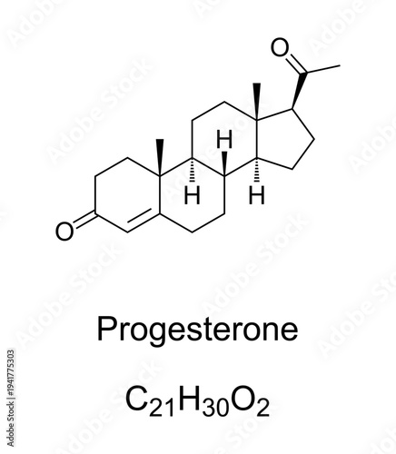 Progesterone, P4, sex hormone, chemical formula and molecular structure. Endogenous steroid and progestogen sex hormone involved in menstrual cycle, pregnancy, and embryogenesis. Illustration. Vector