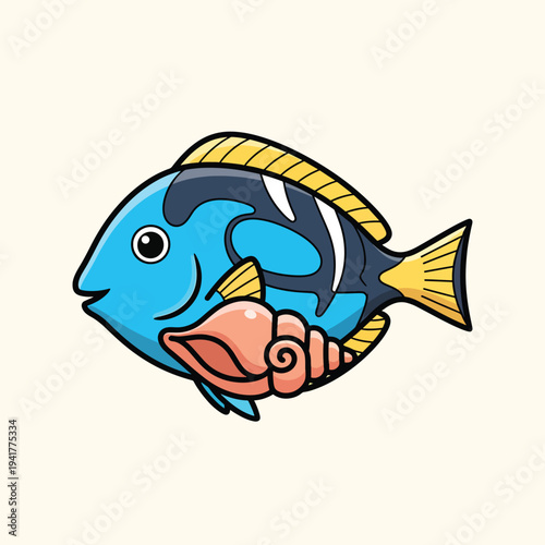 A cartoon illustration of a fish with blue body, black and yellow details on the upper side, and a conch shell in coral