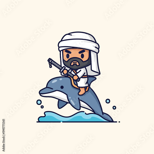 A cartoon man with a beard and a turban rides a dolphin with a weapon over water, simple linework and cute style