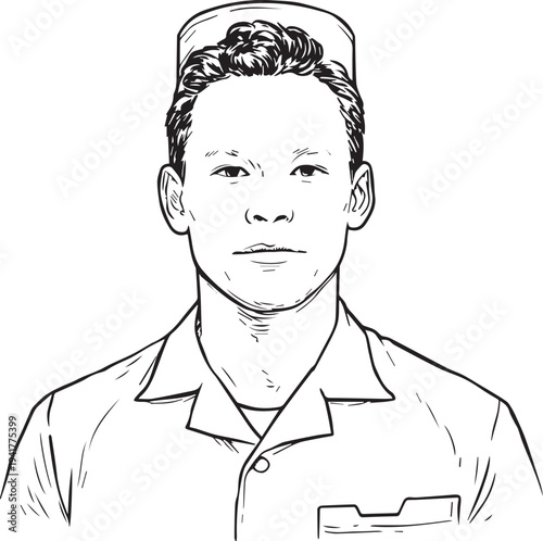 Hand Drawn Man as Nurse Black and White Avatar Illustration in Minimal Line Art Style Design