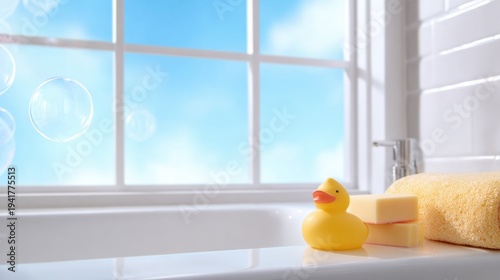 A bright and cheerful bathroom scene featuring a yellow rubber duck, sponges, and bubbles