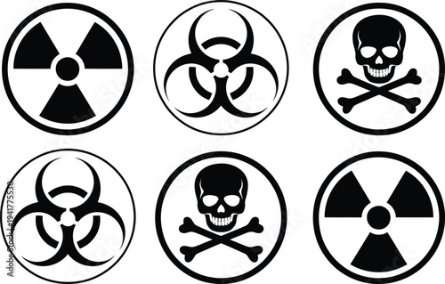 Collection of six classic hazard and danger symbols in black and white