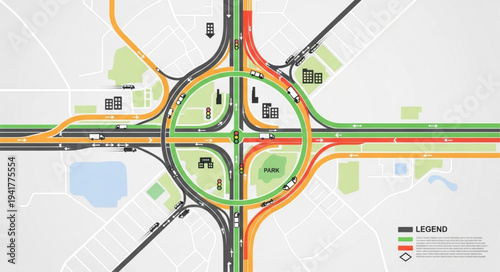 Aerial View of a Complex Highway Interchange with Green Spaces.