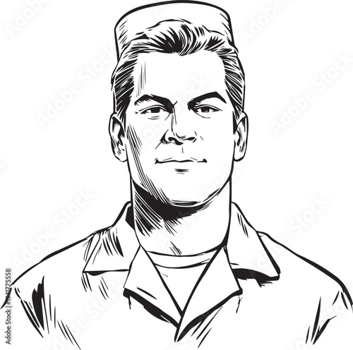 Hand Drawn Man as Nurse Black and White Avatar Illustration in Minimal Line Art Style Design