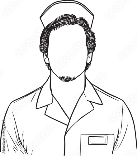 Hand Drawn Man as Nurse Black and White Avatar Illustration in Minimal Line Art Style Design