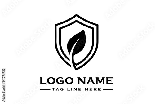Black logo featuring a shield with a leaf and placeholder text on a white background.
