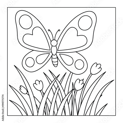 Butterfly flying above grass flowers coloring page outline illustration for kids