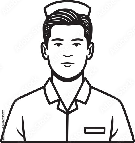 Hand Drawn Man as Nurse Black and White Avatar Illustration in Minimal Line Art Style Design