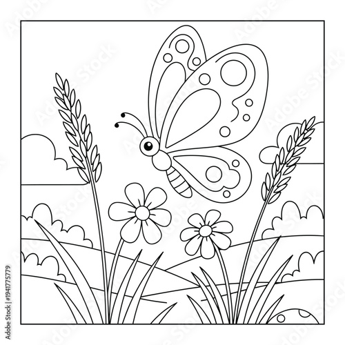 Butterfly flying over meadow flowers coloring page outline illustration for kids