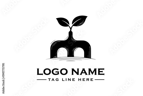 Black logo design featuring a sprouting plant growing out of an archway with space for logo name and tagline on a white background.