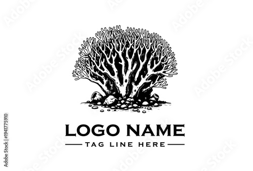 Black and white illustration of a tree with a logo name and tagline on a clean white background.