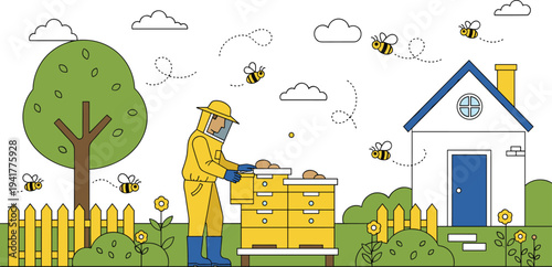 Beekeeper in a yellow protective suit and mesh veil tending to a backyard beehive with flying honeybees and suburban house