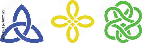 Three distinct celtic knot variations displayed in vibrant colors