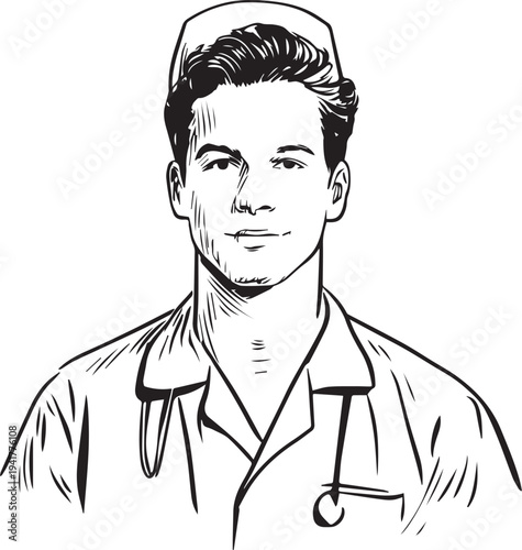 Hand Drawn Man as Nurse Black and White Avatar Illustration in Minimal Line Art Style Design