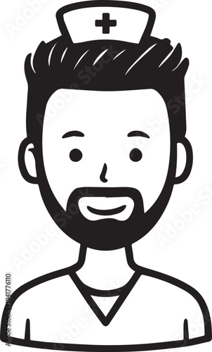 Hand Drawn Man as Nurse Black and White Avatar Illustration in Minimal Line Art Style Design