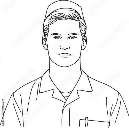 Hand Drawn Man as Nurse Black and White Avatar Illustration in Minimal Line Art Style Design