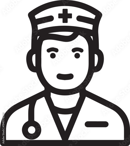 Hand Drawn Man as Nurse Black and White Avatar Illustration in Minimal Line Art Style Design