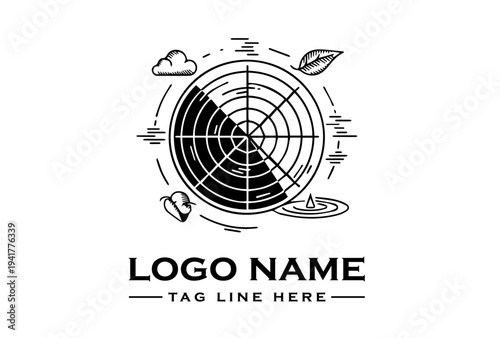 Black and white logo design featuring a circular target with lines and symbols on a white background with a placeholder text for a company name and tagline.