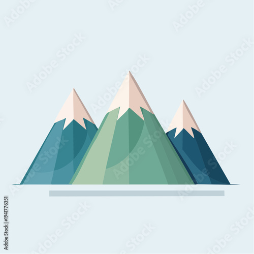 Flat design illustration of three snow-capped mountains on a light blue background