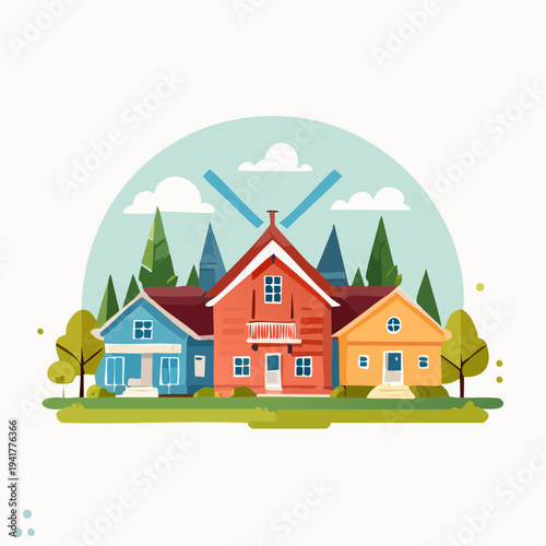 Charming Row of Colorful Houses with Green Trees and a Blue Sky