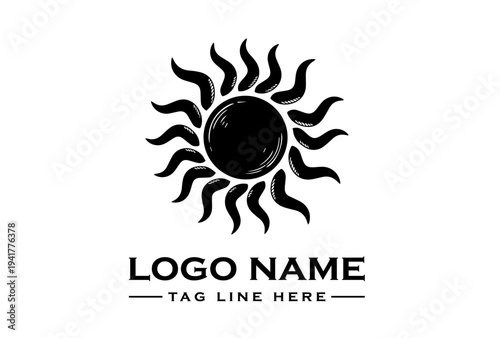 Black sun logo with wavy rays and sample text on a white background for branding or advertising use.