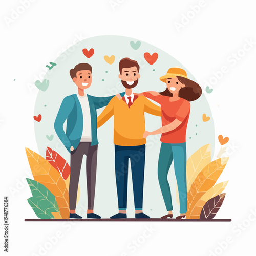Three Friends Celebrating Friendship with Hearts and Leaves Vector Illustration