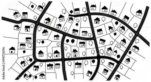 Detailed Black and White Map of a Suburban Neighborhood.