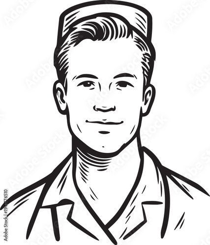 Hand Drawn Man as Nurse Black and White Avatar Illustration in Minimal Line Art Style Design