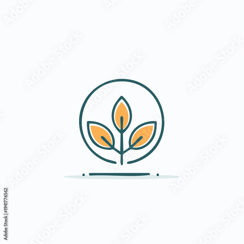 Abstract line art illustration of a young plant sprout with three vibrant orange leaves in a teal circle, symbolizing growth and eco-friendly development
