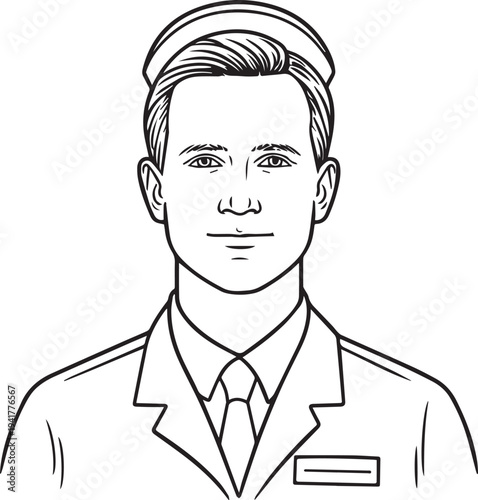 Hand Drawn Man as Nurse Black and White Avatar Illustration in Minimal Line Art Style Design