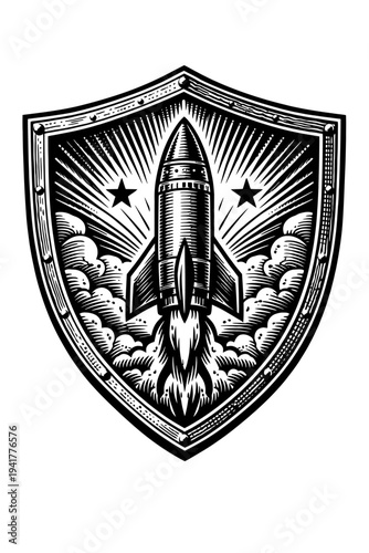 Vintage woodcut shield emblem featuring a powerful rocket launch amid clouds and stars, radiating rays, symbolizing ambitious space exploration, security, progress, and breakthrough innovation, render