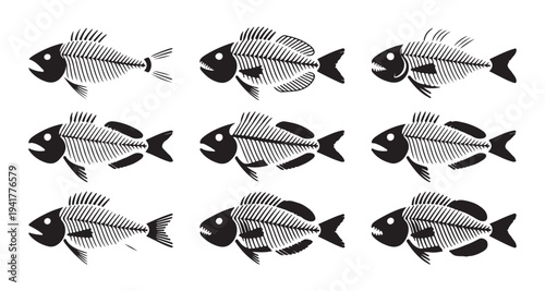 Set fish bone isolated on white background, black fish skeleton silhouette with head and tail