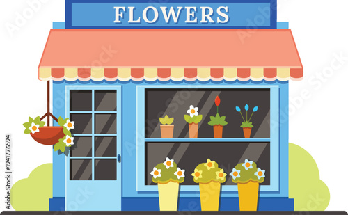 Small business flower shop selling colorful blooming plants in pots displayed on shelves and on the sidewalk, hanging basket with flowers, vector illustration